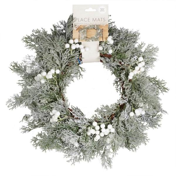 Set of four snowy foliage and white berry place mats in recyclable retail packaging.