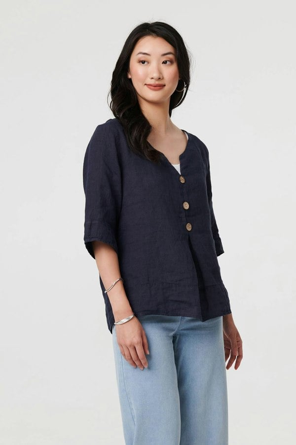 Navy | Button Detail 3/4 Sleeve Relaxed Blouse
