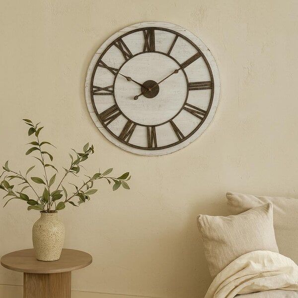 Wyld Haus 70cm Rustic White Washed Wooden Clock Aged Metal Roman Numerals