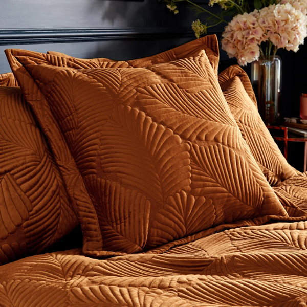 Paoletti Palmeria Velvet Quilted Cushion Cover - Rust