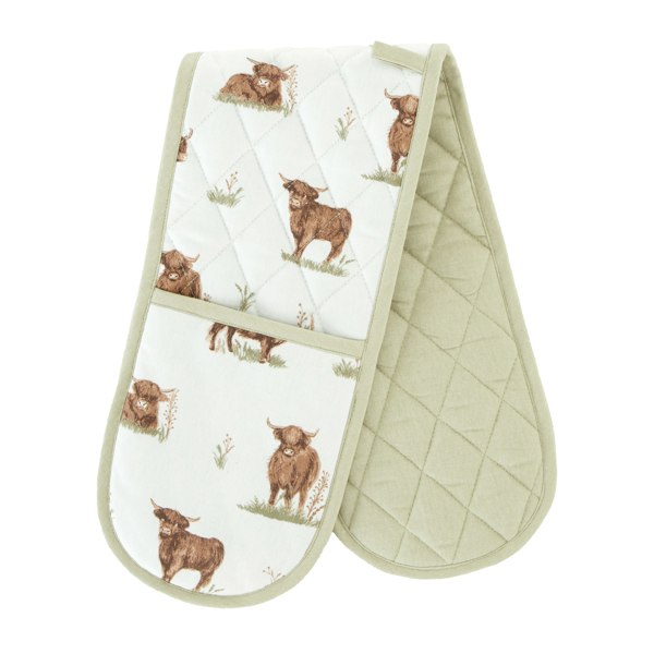 Catherine Lansfield Angus Highland Cow Cotton Kitchen Double Oven Glove Natural