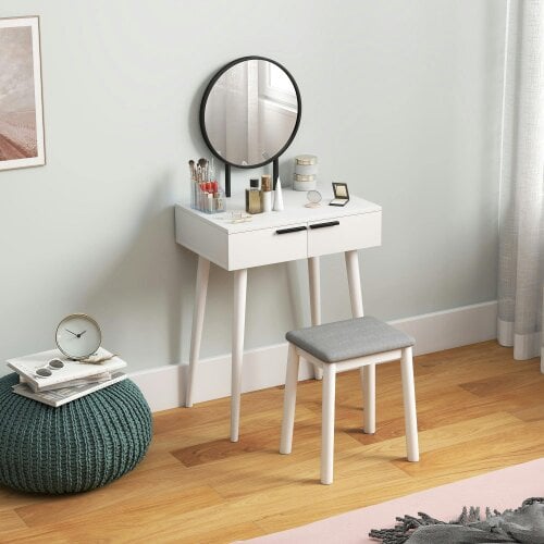 Wyld Haus Comika White Dressing Table And Stool Set With Round Mirror 2 Drawers 60 x 40 x 123cm