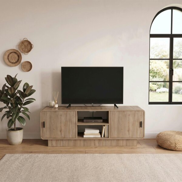 Decortie Rovel Round Edge TV Unit with Soft Close Doors and Open Shelves, Natural Oak