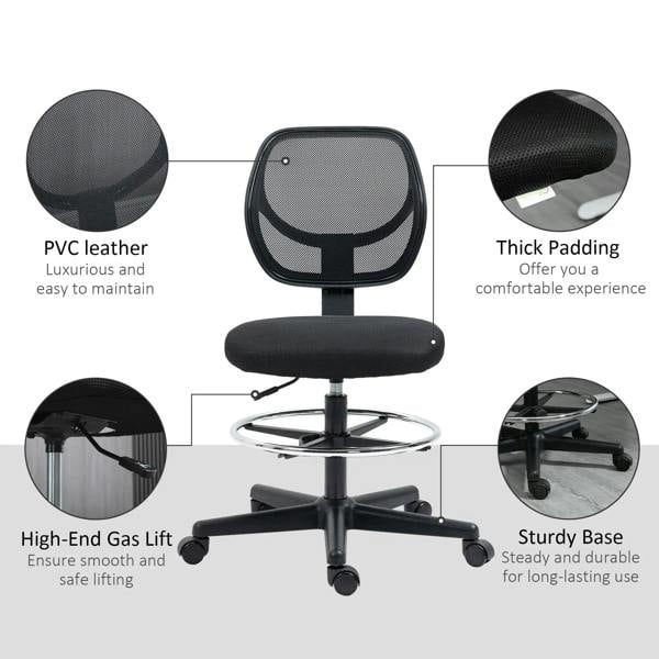 Black armless standing desk chair with mesh back and padded seat, chrome footrest, swivel base