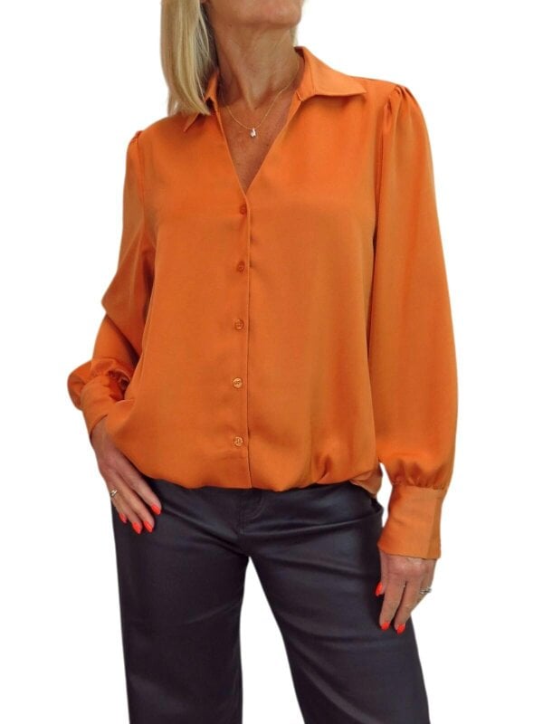 Paulo Due Women's Satin Blouse Ladies Long Sleeve Button Through Shirt - Orange