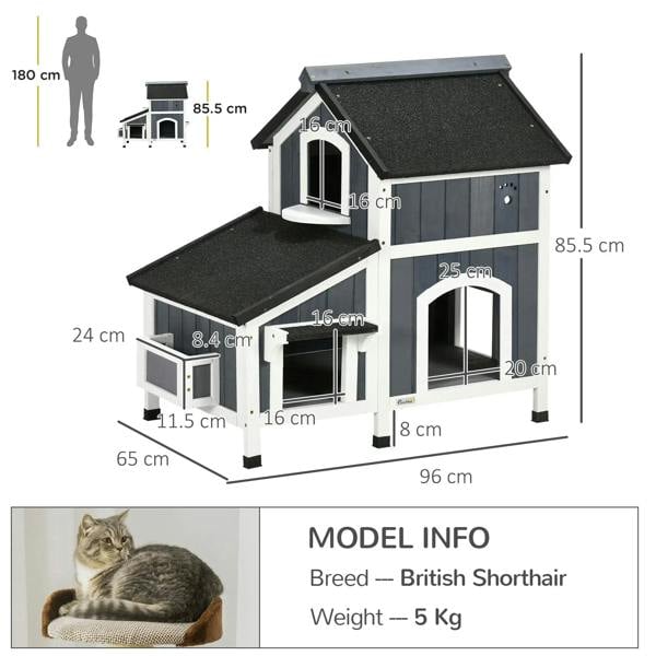 Grey wooden cat house with dimensions shown, arched windows, raised platform, roof
