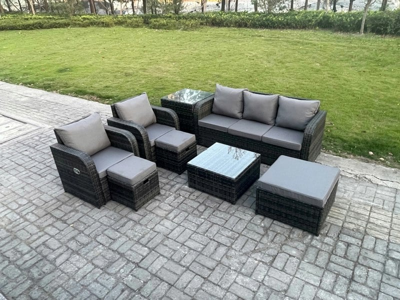 Fimous Patio Garden Furniture Sets Wicker 8 Seater Outdoor Rattan Furniture Sofa Sets with Square Coffee Table Side Table 3 Footstools