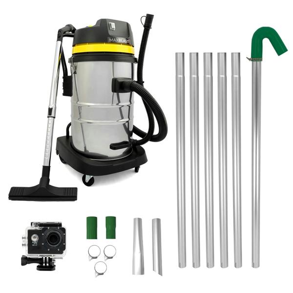 60L wet and dry vacuum with stainless steel body, flexible hose, gutter vacuum poles, and camera for versatile cleaning tasks