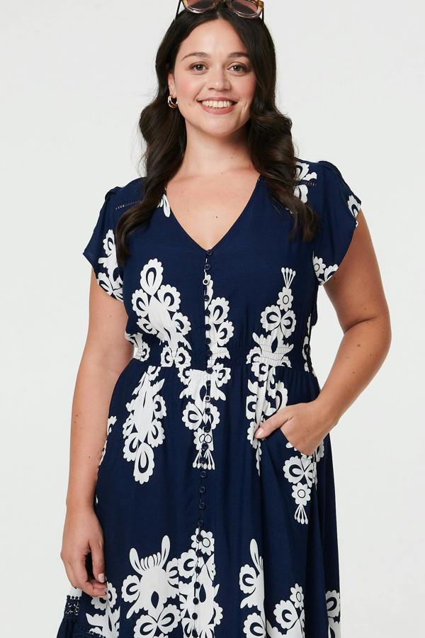 Navy | Curve Printed Cap Sleeve Midi Dress

