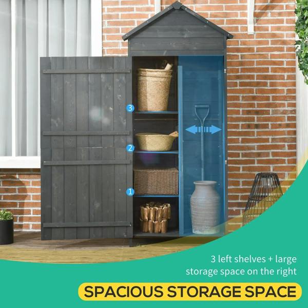Grey wooden outdoor storage shed with open doors and three tier shelves