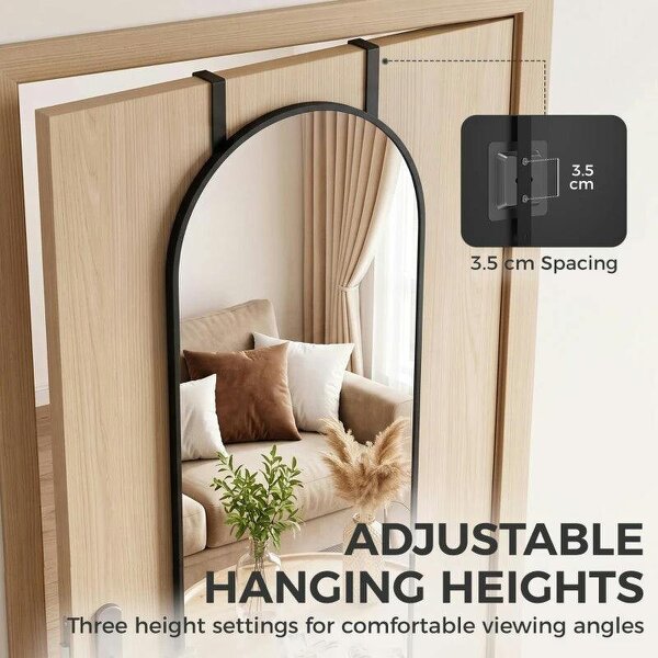 40 x 110 cm Full Length Hanging Mirror, Arched Mirror with Adjustable Hooks, Over-the-Door or Wall-Mounted, Black