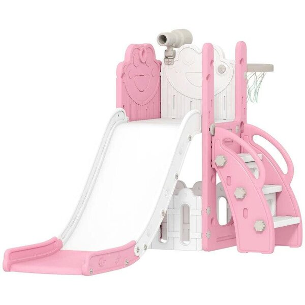 5 in 1 Kids Slide Set with Basketball Hoop, Climbing Frame, Telescope, Storage Box for Toddlers Ages 1-3, Pink