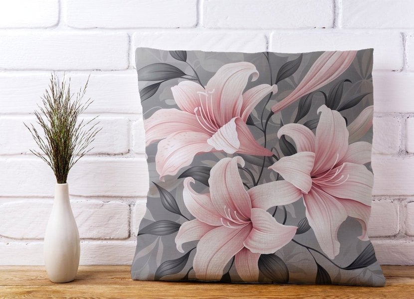 Warren Reed Pink Lilies On Grey Cushions