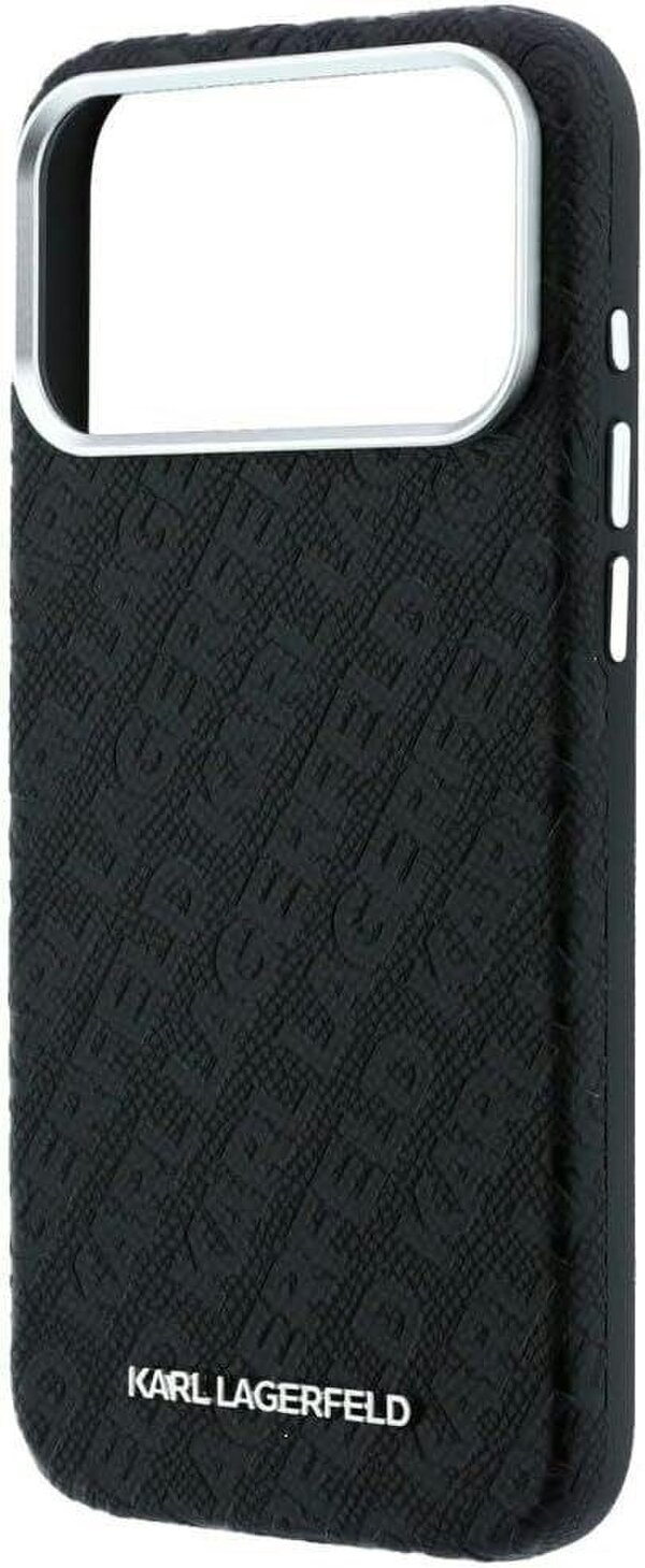 Karl Lagerfeld Grained Allover Logo Metal Elongated Case with MagSafe for iPhone 17/18 Pro Max 6.9" Black - KLHMP18XPSKLFOFK