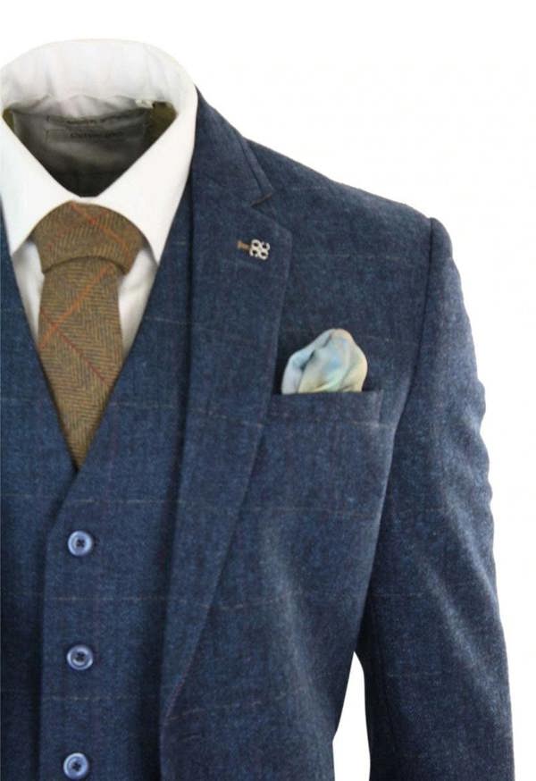 House of Cavani Mens 3 Piece Navy Blue Tweed Herringbone Vintage Classic Suit