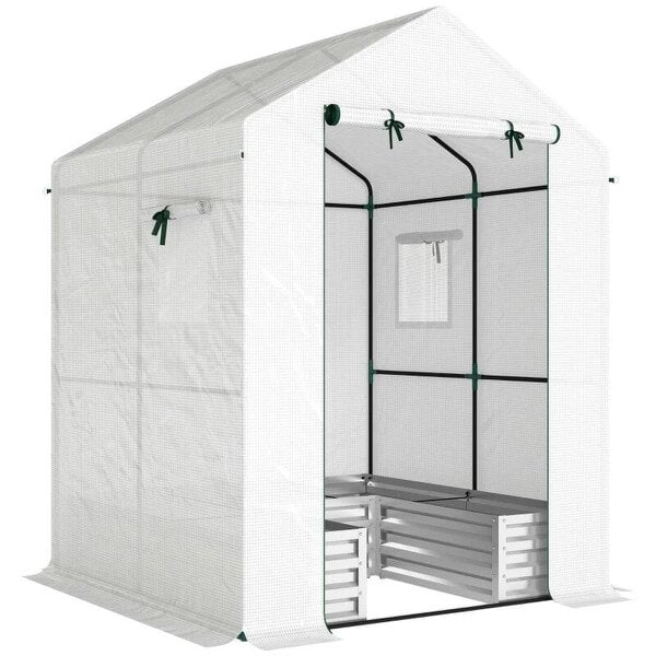 Bobobiy Small Greenhouse with Raised Garden Bed, Galvanised Walk-in Greenhouse with Roll Up Windows, 141 x 141 x 190 cm, White