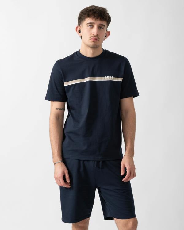 studio shot of a model wearing a BOSS Orange Authentic Mens Loungewear T-Shirt in Dark Blue 405