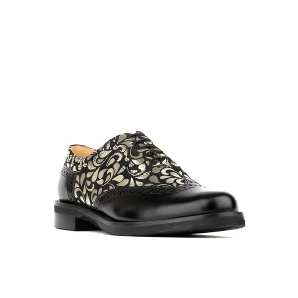 Embassy London Vivienne - Black & Petals - Women's leather oxford shoe with wingtip and brogue details