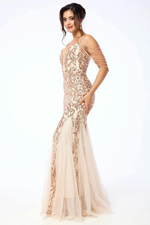 LuvForever Diora - Gold Jewelled Shoulder Sequin Maxi Dress