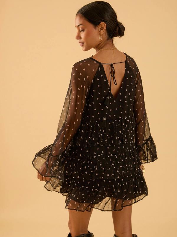 Rose & Nancy Evie Heart Black Heart Print Tiered Mini Dress