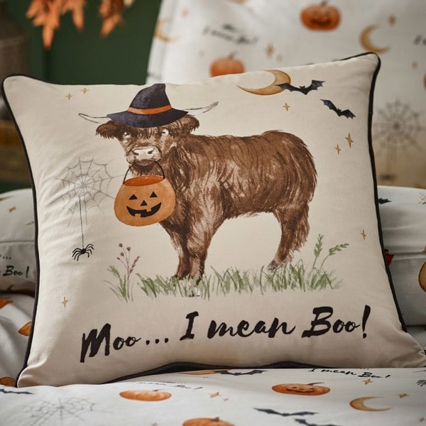 Catherine Lansfield Halloween Highland Cow Soft Touch Cushion Natural