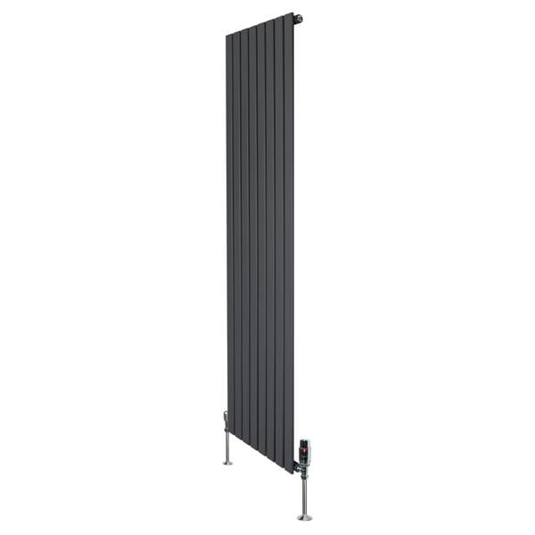 Flat single column radiator in anthracite grey, 1800mm x 560mm, featuring vertical slats and stylish valve fittings at the base