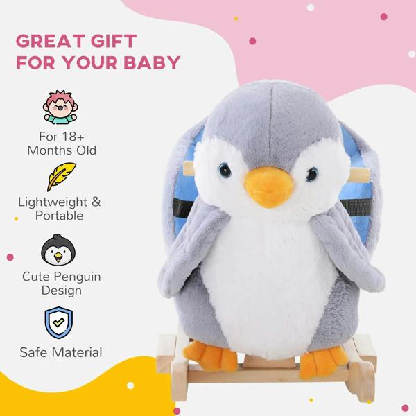 Front view plush penguin rocking horse with orange beak, blue eyes, and wooden rocker base