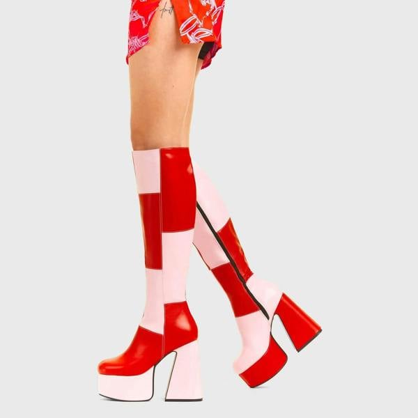 Lamoda Runway Pink RedPU Platform Knee High Boots Trendy Streetwear Fashion