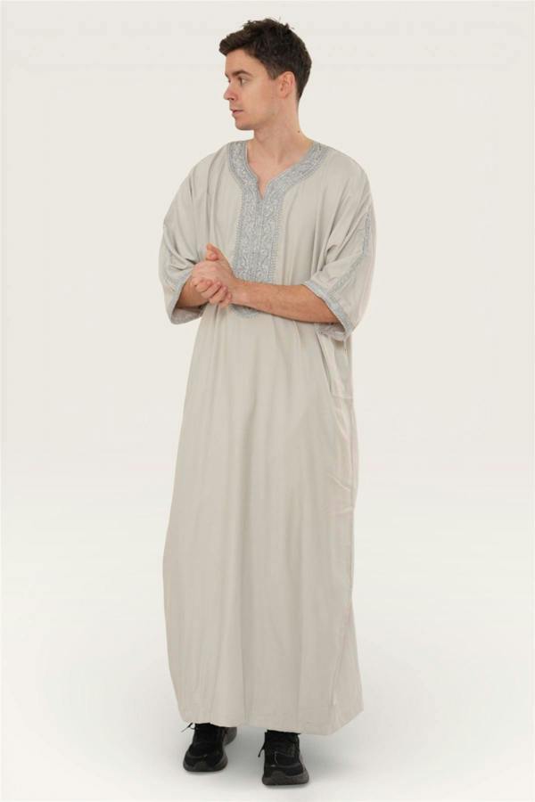 Infinity Leather Men's Moroccan Thobe Robe Djellaba Arab Short Sleeve Embroidery Gandoura Jubba