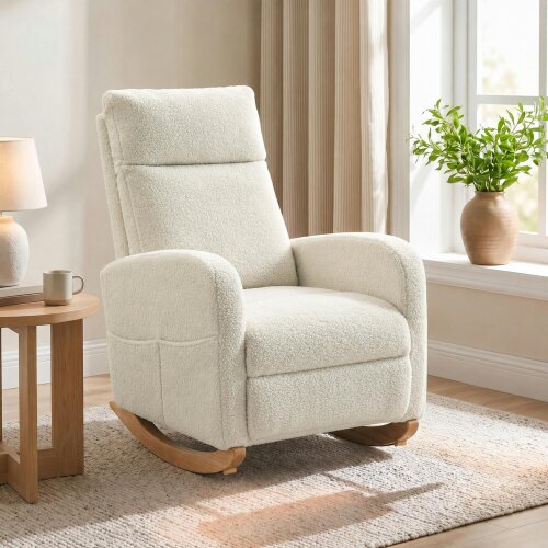 HOMCOM Modern High Back Corduroy Leisure Rocking Chair, Cream White