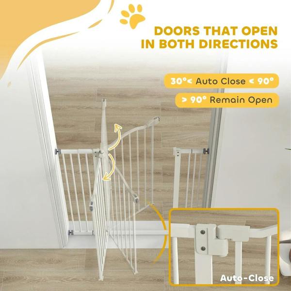 White dog safety gate with auto-close swing door shown in open position