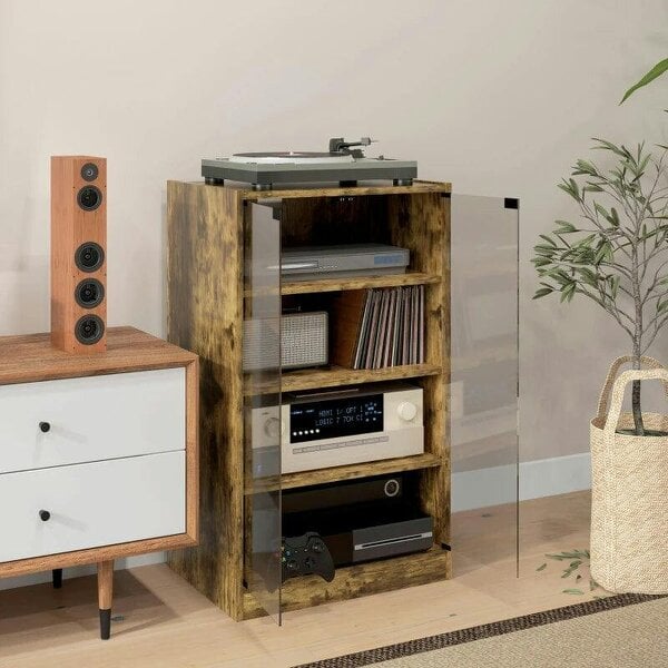 Bobobiy 4-Tier Hi-Fi Stand, Record Player Stand with Adjustable Shelves and Push-to-Open Glass Doors, Rustic Brown