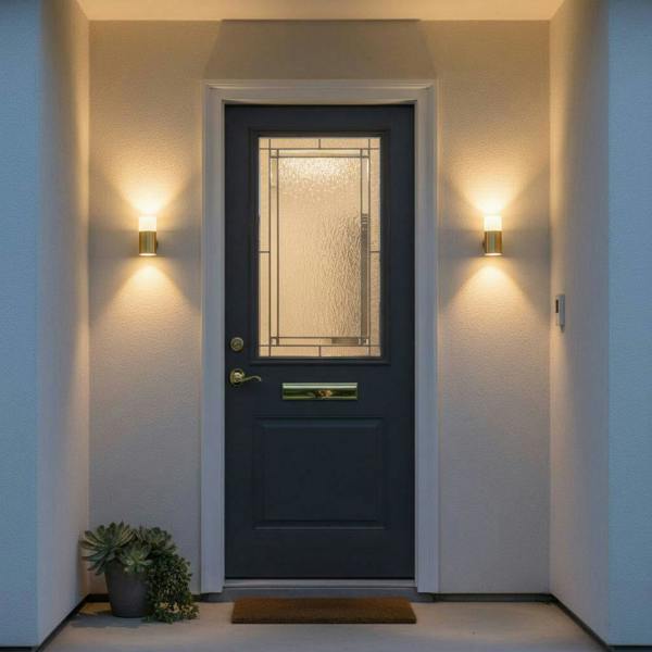 brass outdoor wall light mounted either side of the blue front door of a house