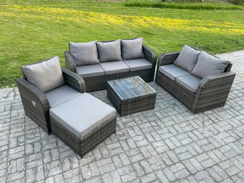 Fimous Rattan Garden Furniture 5 Piece Patio Set With Table Sofa Square Coffee Table Reclining Chair Loveseat sofa Big Footstool