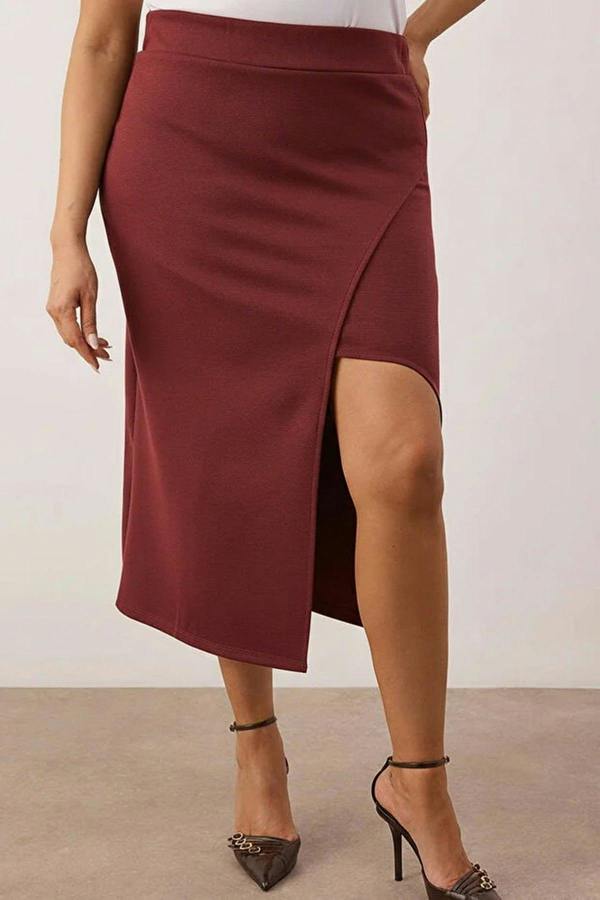 WOVCOR Slit Detail Knitted Stretch Fabric Plus Size Midi Skirt