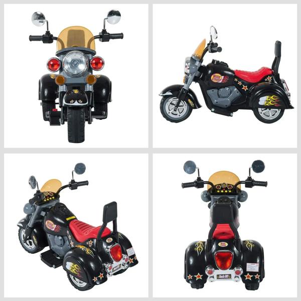 Black ride-on motorbike trike collage: front, rear, and side views with red seat