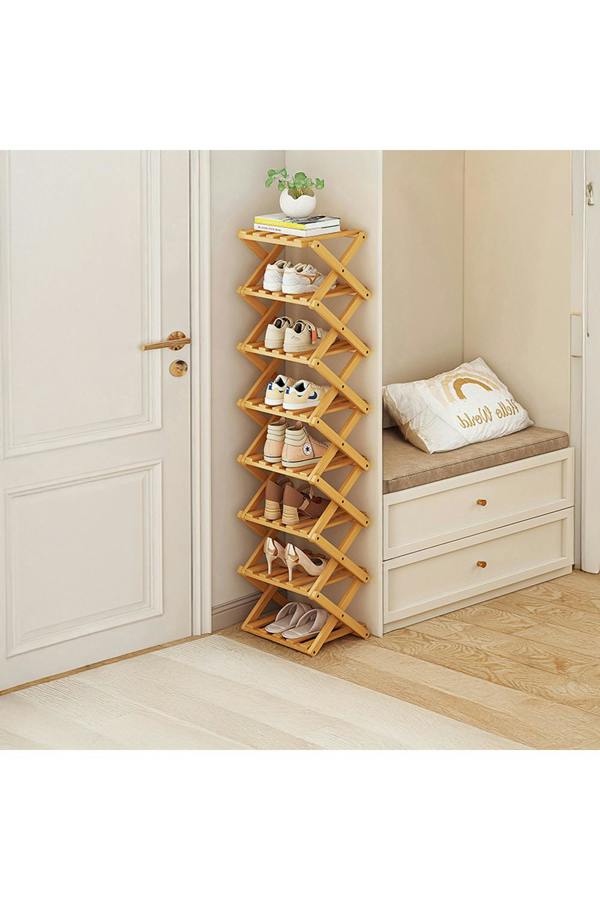 Living and Home 9 Tier Bamboo Folding Shoe Rack Shoe Storage Organiser - Natural