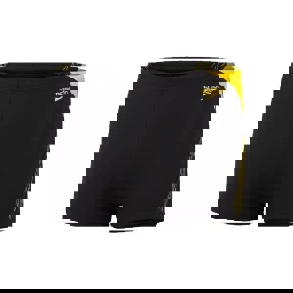 Black Speedo Hyperboom Splice Aquashort with yellow accents and dragon design