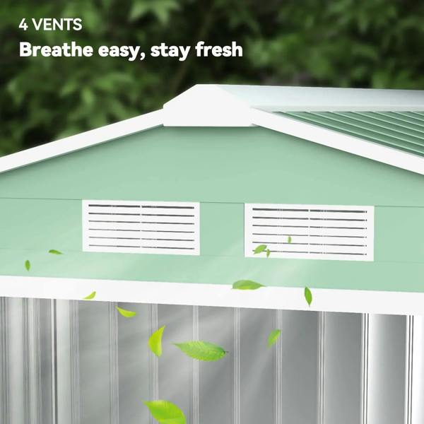 Light green metal shed roof with four vent grilles for airflow