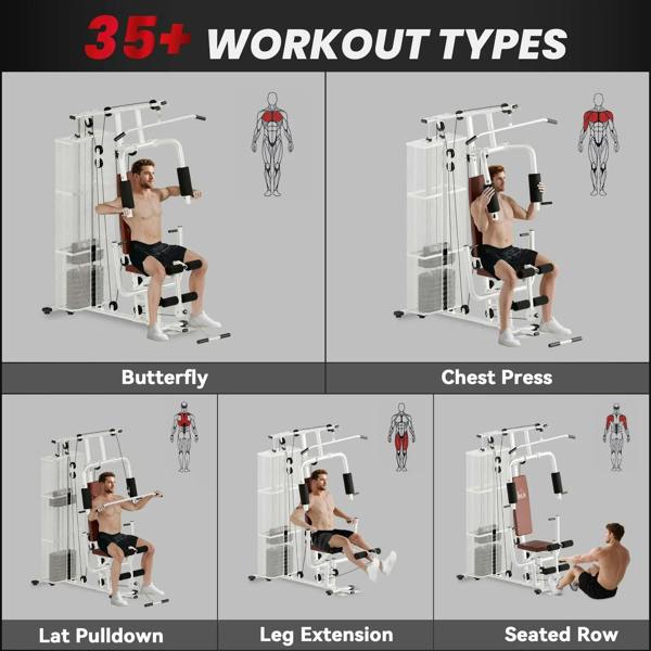 White home gym station shown in exercise setup panels with padded seat, backrest, and bars