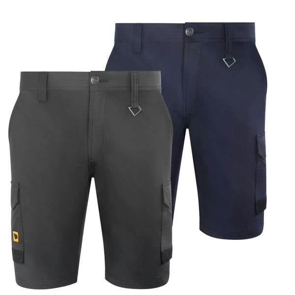 JCB 4-Way Stretch Mens Premium Cargo Work Trade Shorts, navy blue and dark gray cargo shorts with multiple pockets and durable fabric suitable for work or trade activities.