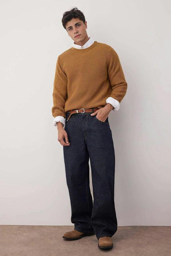 WOVCOR Crew Neck Textured Basic Knit Men's Sweater