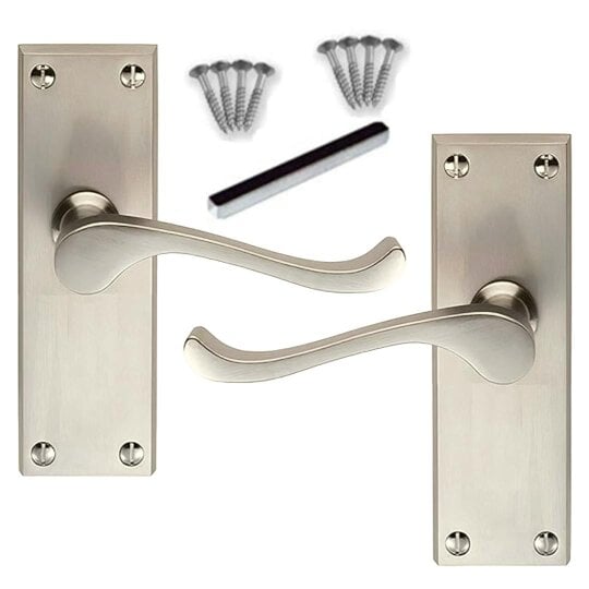 EDH Door Hardware Satin Nickel Victorian Scroll Door Handles – Modern Lever Latch Handles on Backplate – 118mm x 42mm