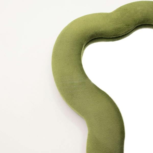 Large cloud-shaped squiggly mirror in moss green, soft padded border around cutout