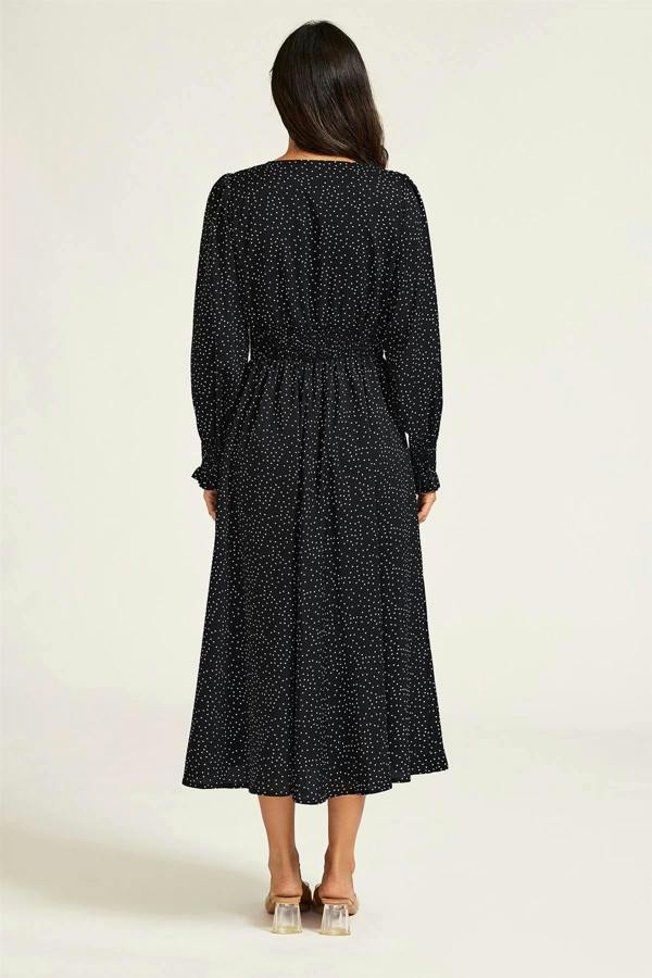 FS Collection Polka Dot Print Long Sleeve Midi Dress In Black