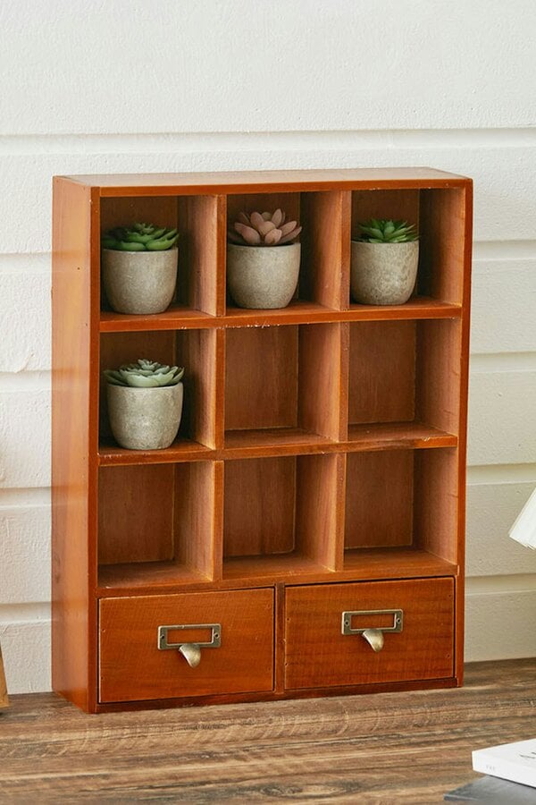 Living and Home ​Retro Cube Wooden Organizer Box with Drawer Vintage Room Decor