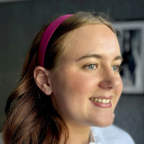 Hot pink headband, smooth fabric finish, slim design, classic hair accessory, bold colour statement, everyday styling, gift for her
