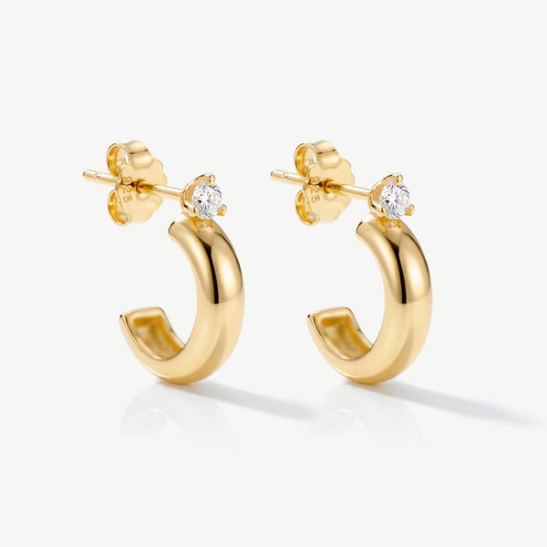 Huggie Hoop Stud Earrings With Stone in 18k Gold or Silver