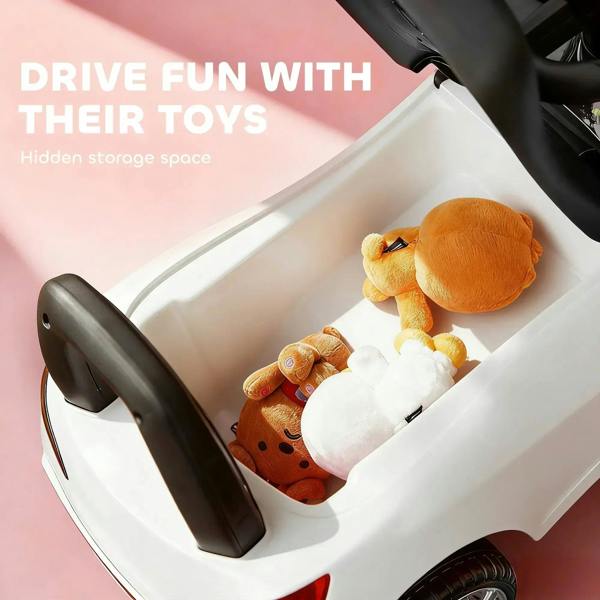 White ride-on car with open storage area holding plush toys