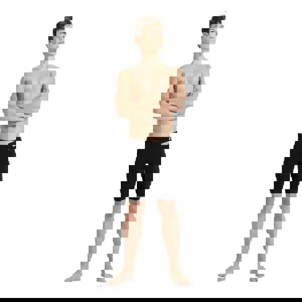 Black Arena boys team solid swim jammer shorts with white spandex logo